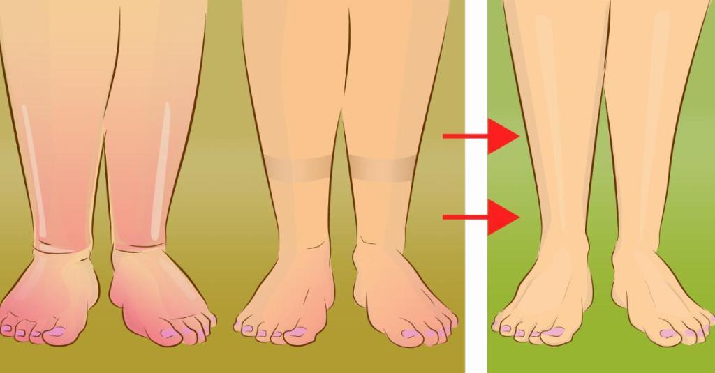 Eine Illustration von geschwollenen Füßen zu normal dicken Beinen.
