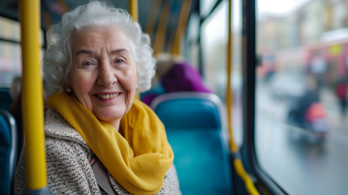 Eine lÃ¤chelnde Rentnerin steht in einem Bus.