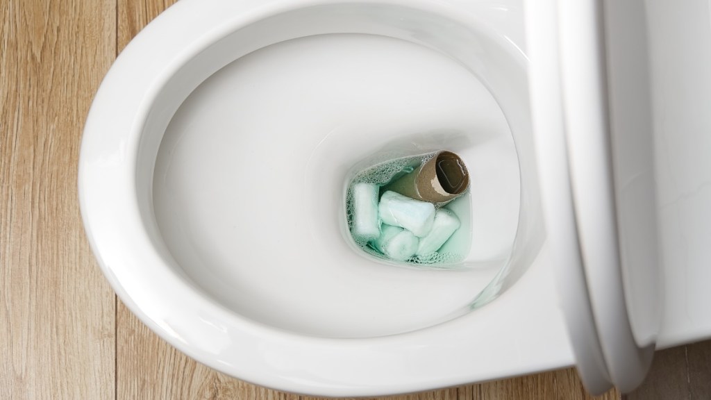 Eine Toilettenschüssel, in der Tampons und eine leere Klopapierrolle schwimmen.