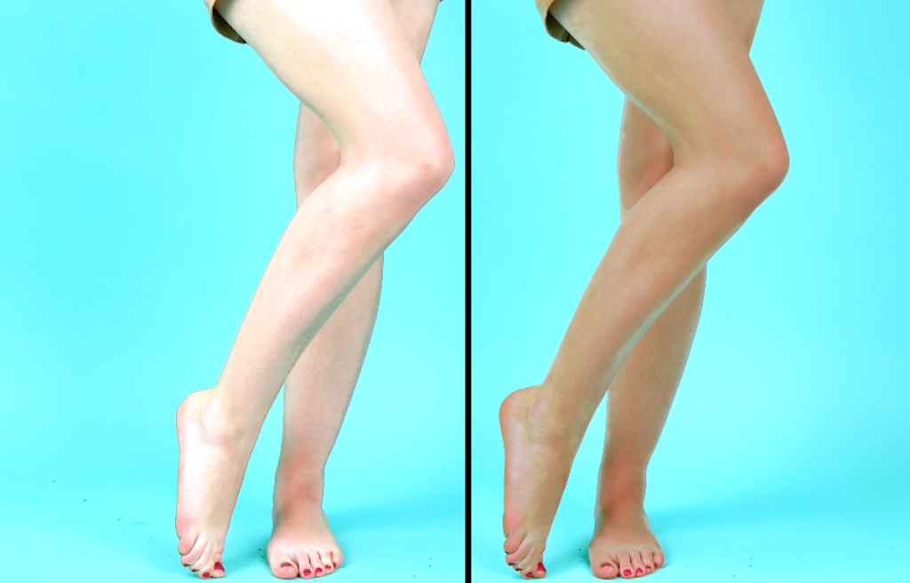 Auf der linken Seite sind weiße Beine zu sehen. Auf der rechten Seite braune Beine.