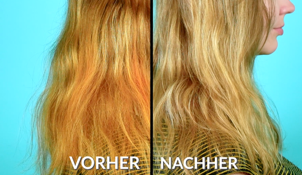 Ein Vorher-Nachher-Bild von gelbstichigen und blonden Haaren.