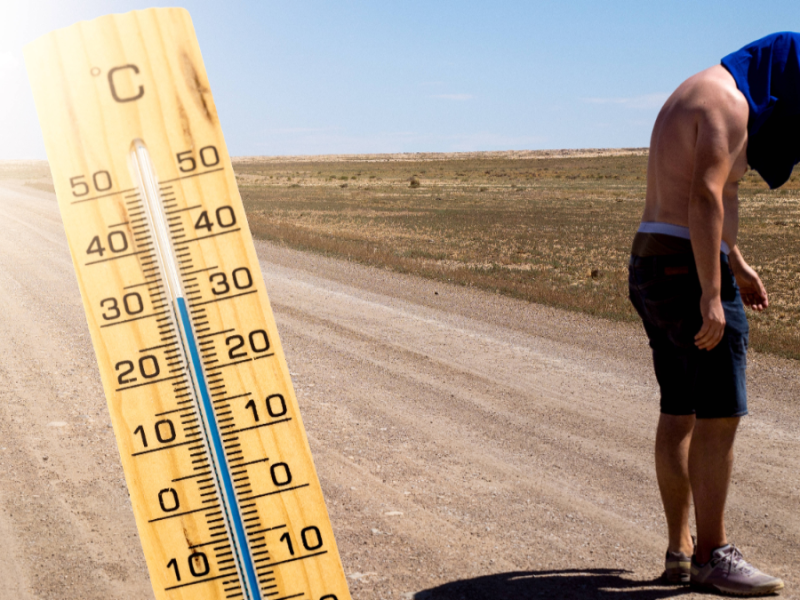 Thermometer, daneben ist ein Mann zu sehen, dem sehr heiß ist.