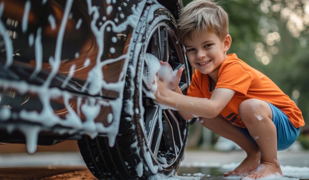 Ein blonder Junge in orangefarbenem T-Shirt wäscht ein Auto und lächelt in die Kamera.