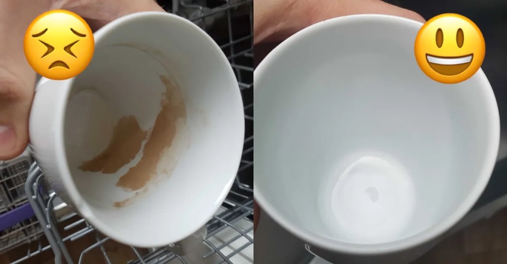 Vergleich: Schmutzige Tasse links, saubere Tasse rechts.