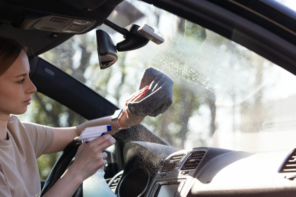 Eine junge Frau reinigt eine Autoscheibe von innen mit einem Putztuch.