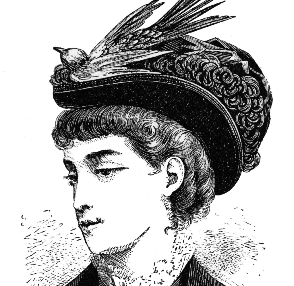 Eine Illustration einer Frau mit einem viktorianischen Hut, schwarzweiß.