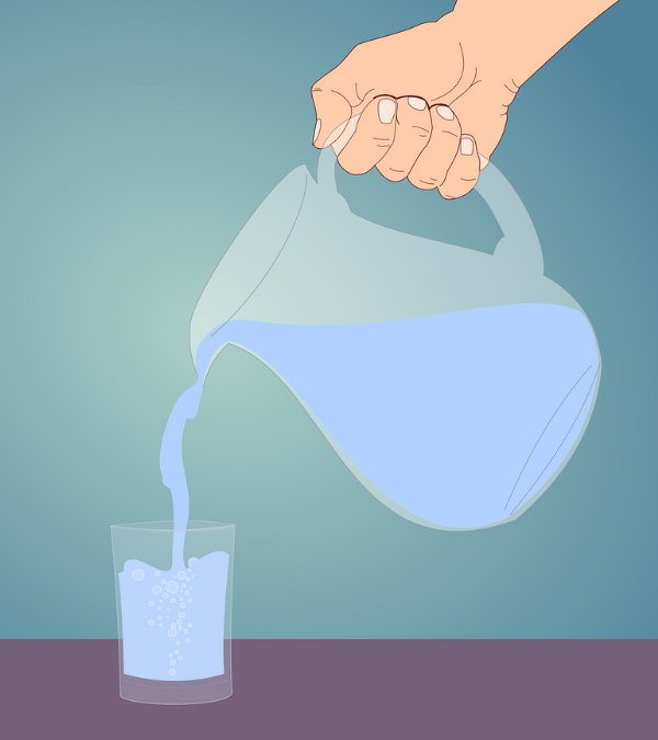 Eine Illustration von einer Hand, die Wasser aus einem Krug in ein Glas schüttet.