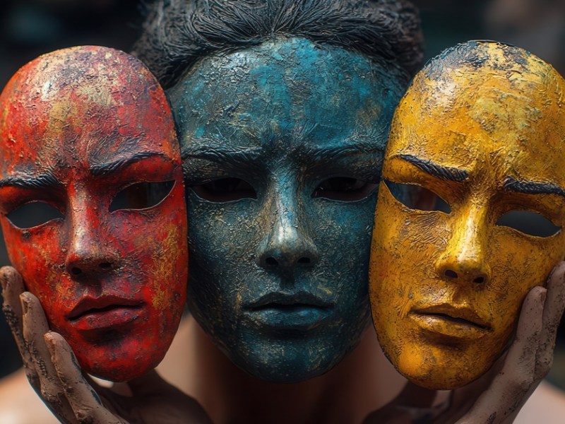 Person mit drei Masken in den Farben Rot, Blau und Gelb.