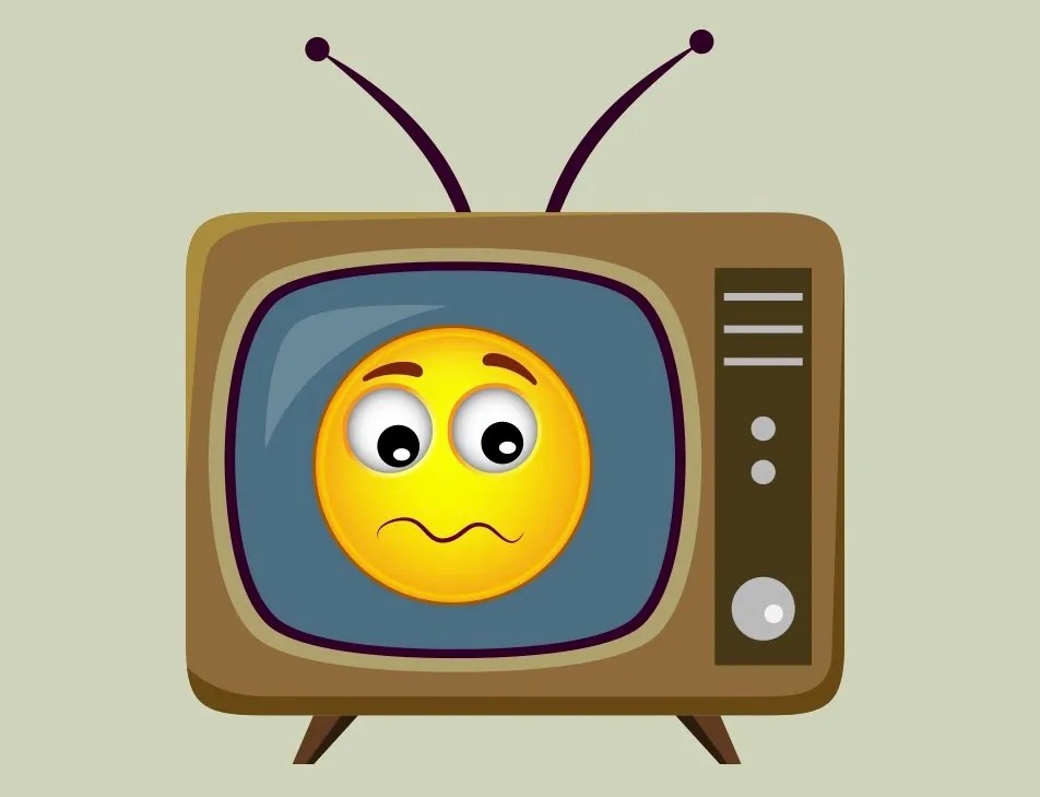 Eine Illustration eines alten Fernseher, auf dem ein traurig schauender Smiley zu sehen ist.