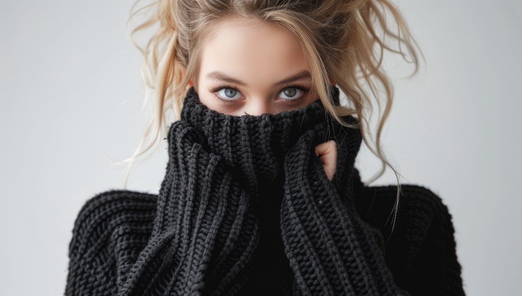 Eine junge, blonde Frau versteckt sich vor Scham im Rollkragen ihres Pullovers.