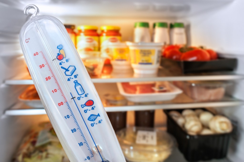 Ein Thermometer vor einem gut gefüllten Kühlschrank.