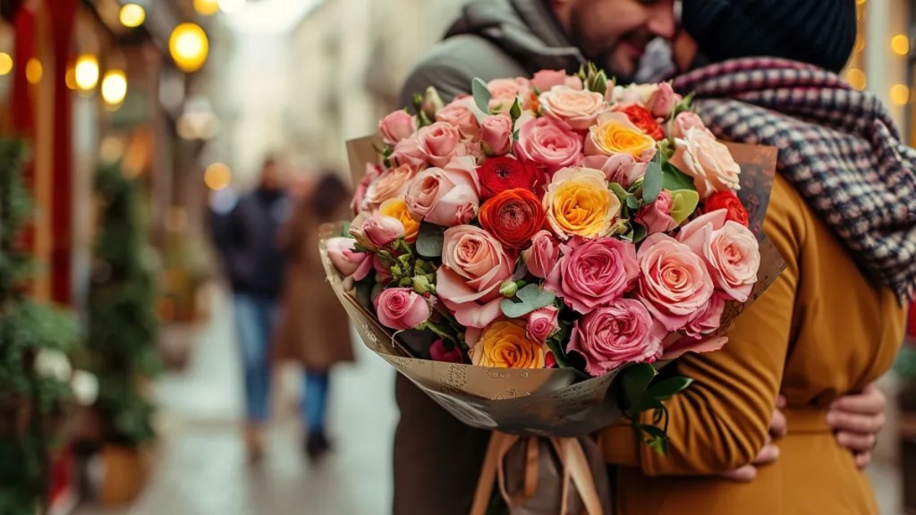 Liebespaar und ein bunter Strauß Rosen.