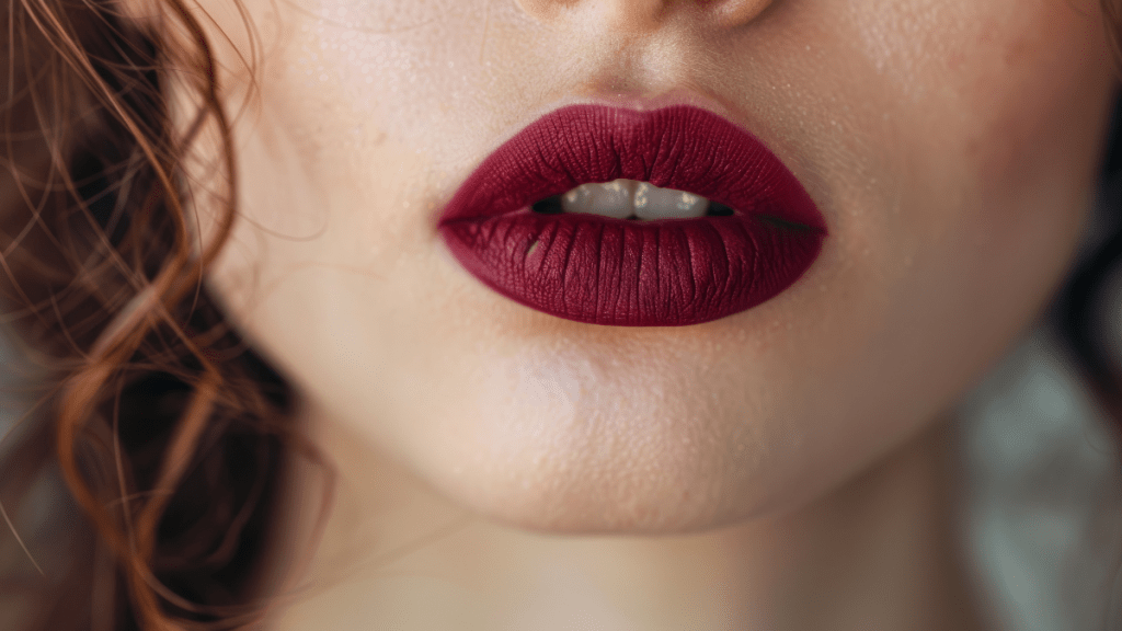 Eine Nahaufnahme von in dunklem Rot geschminkten Lippen.