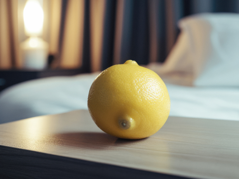 Zitrone in Nahaufnahme neben einem Bett.