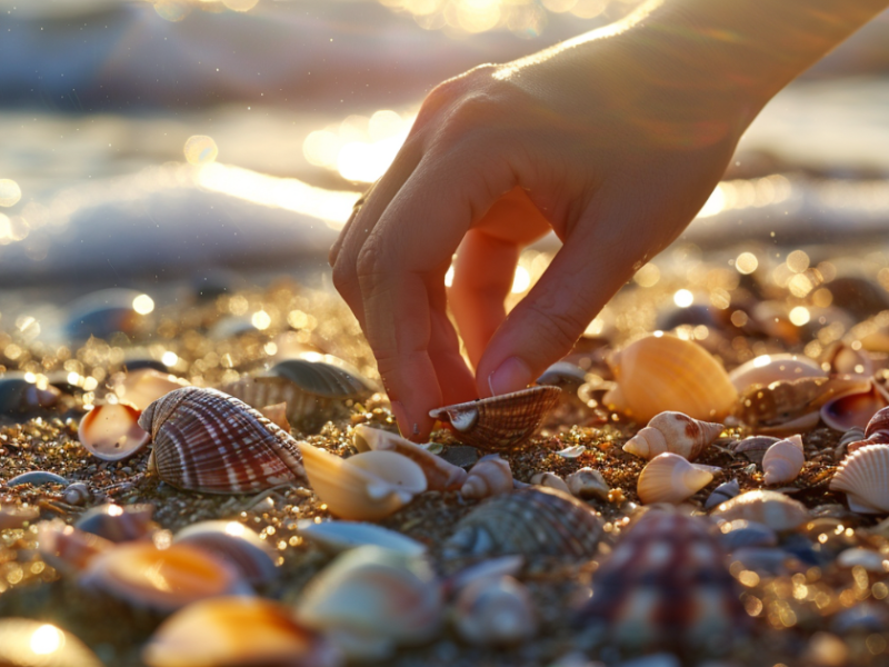 Eine Hand greift nach Muscheln am Strand.