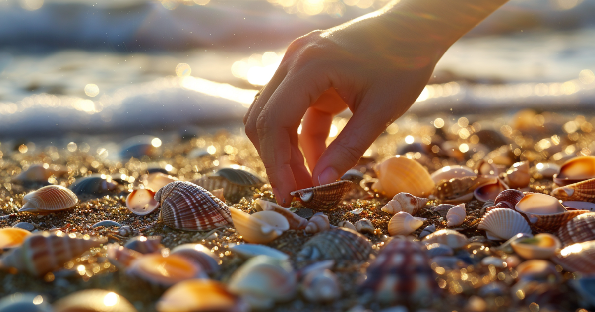 Eine Hand greift nach Muscheln am Strand.