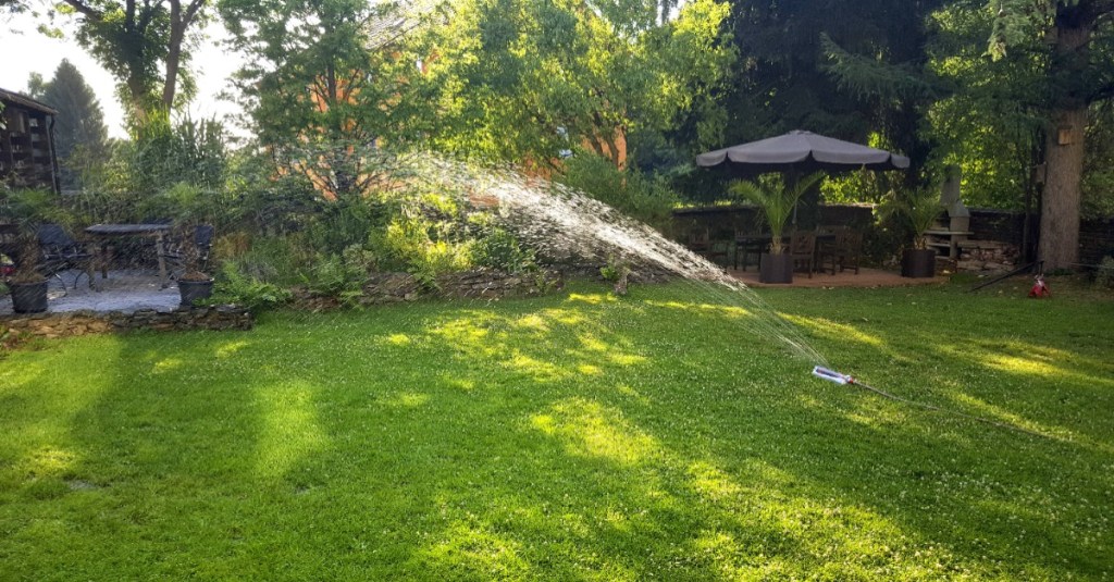 Zierrasen im Garten wird mit Sprenkler bewässert