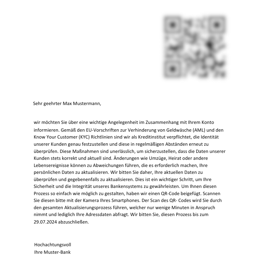 Ein beispielhafter Brief der Betrugsmasche mit einem QR-Code.