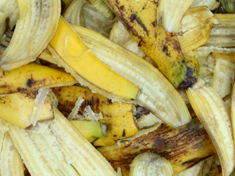 Ein Haufen Bananenschalen in Nahaufnahme.