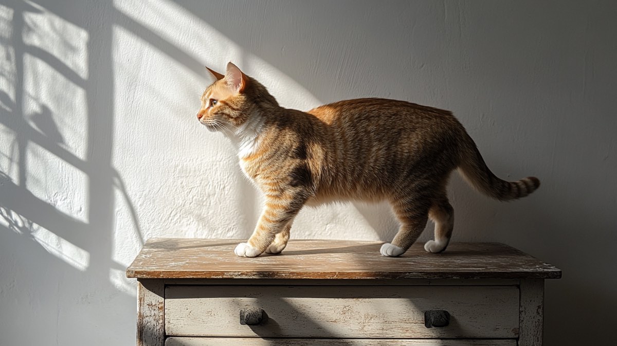 Eine Katze steht auf einer IKEA-Kommode vor einer weiÃŸen Wand in einem Wohnzimmer.