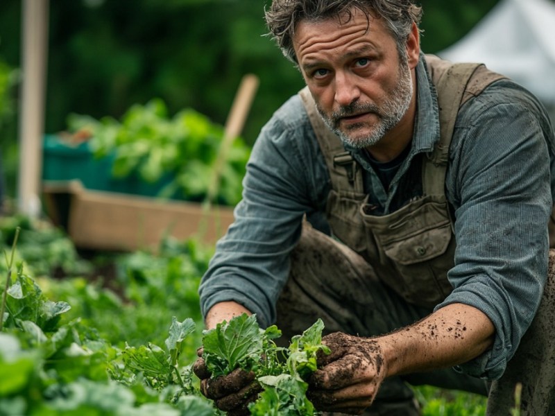 Ein mittelalter Mann bei der Gartenarbeit in einem Beet mit dreckigen Händen.