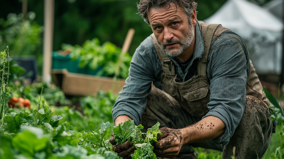 Ein mittelalter Mann bei der Gartenarbeit in einem Beet mit dreckigen Händen.