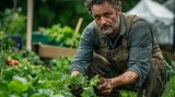 Ein mittelalter Mann bei der Gartenarbeit in einem Beet mit dreckigen Händen.